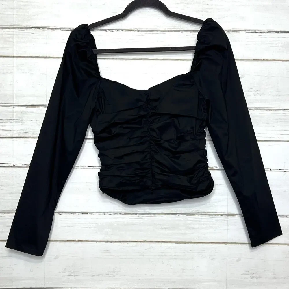 ASTR the Label Black Sweetheart Ruched Puff Long Sleeve Blouse Size Medium